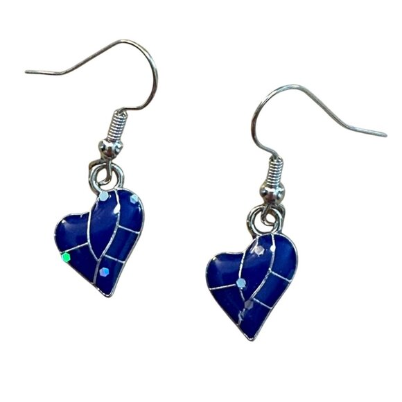 Opal Blue Heart Silver Plated Earrings Dangle Cottagecore Fairycore Jewelry - Picture 1 of 7